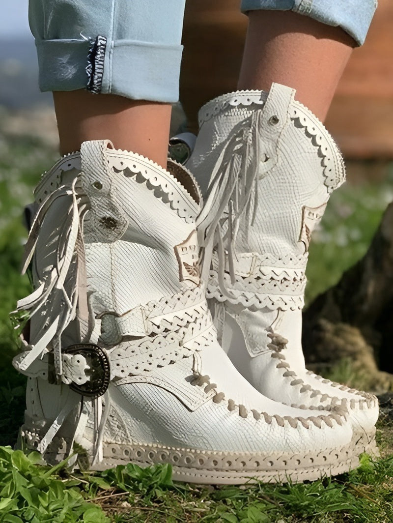 Women's boho ankle boots in faux suede with fringe and braided straps - view 2