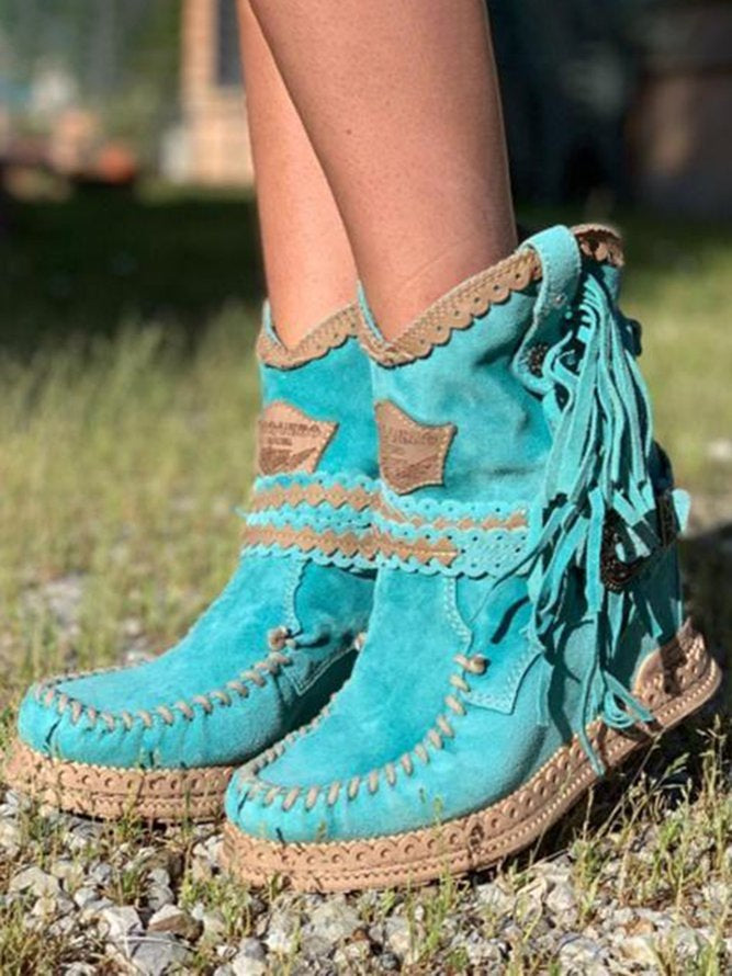 Women's boho ankle boots in faux suede with fringe and braided straps - turquoise