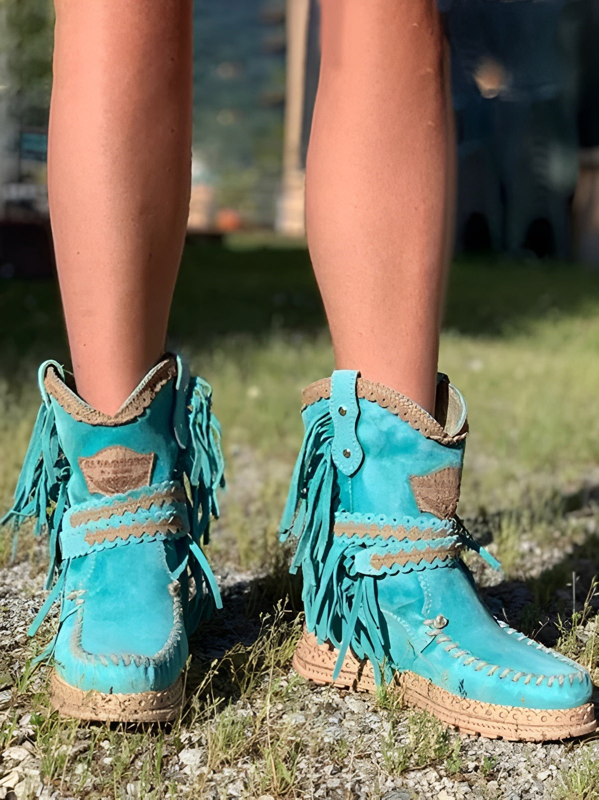 Women's boho ankle boots in faux suede with fringe and braided straps - view 5