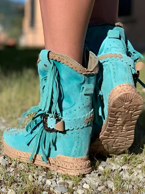 Women's boho ankle boots in faux suede with fringe and braided straps - view 6