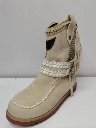 Women's boho ankle boots in faux suede with fringe and braided straps - beige