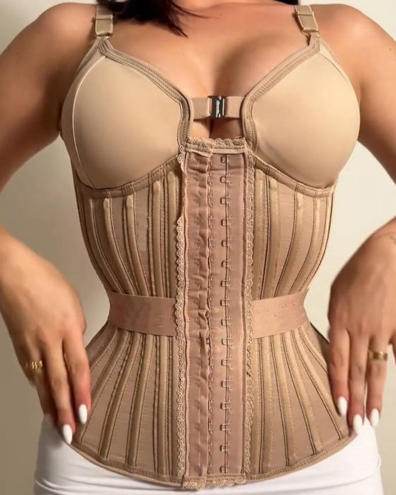 Long boned corset with moulded cups, adjustable straps and hook-and-eye front - nude