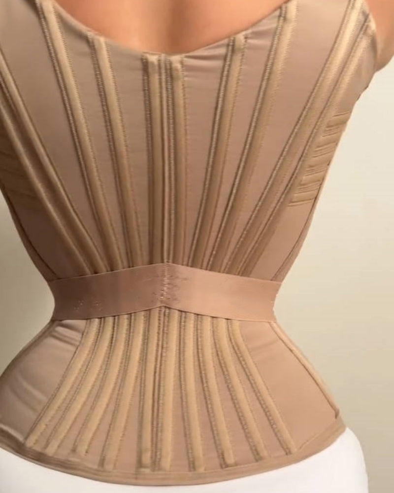 Long boned corset with moulded cups, adjustable straps and hook-and-eye front