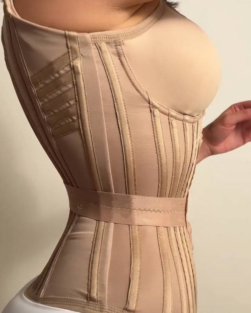 Long boned corset with moulded cups, adjustable straps and hook-and-eye front
