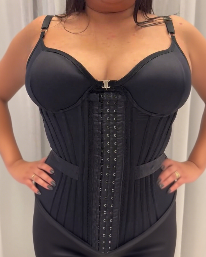 Long boned corset with moulded cups, adjustable straps and hook-and-eye front