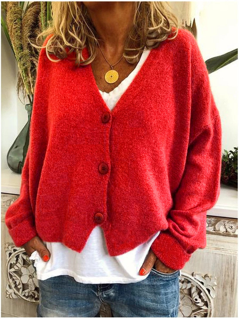 Women's short boxy V-neck cardigan with three large buttons - red