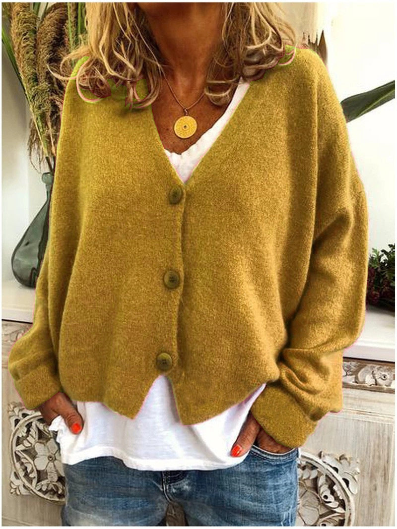 Women's short boxy V-neck cardigan with three large buttons - mustard