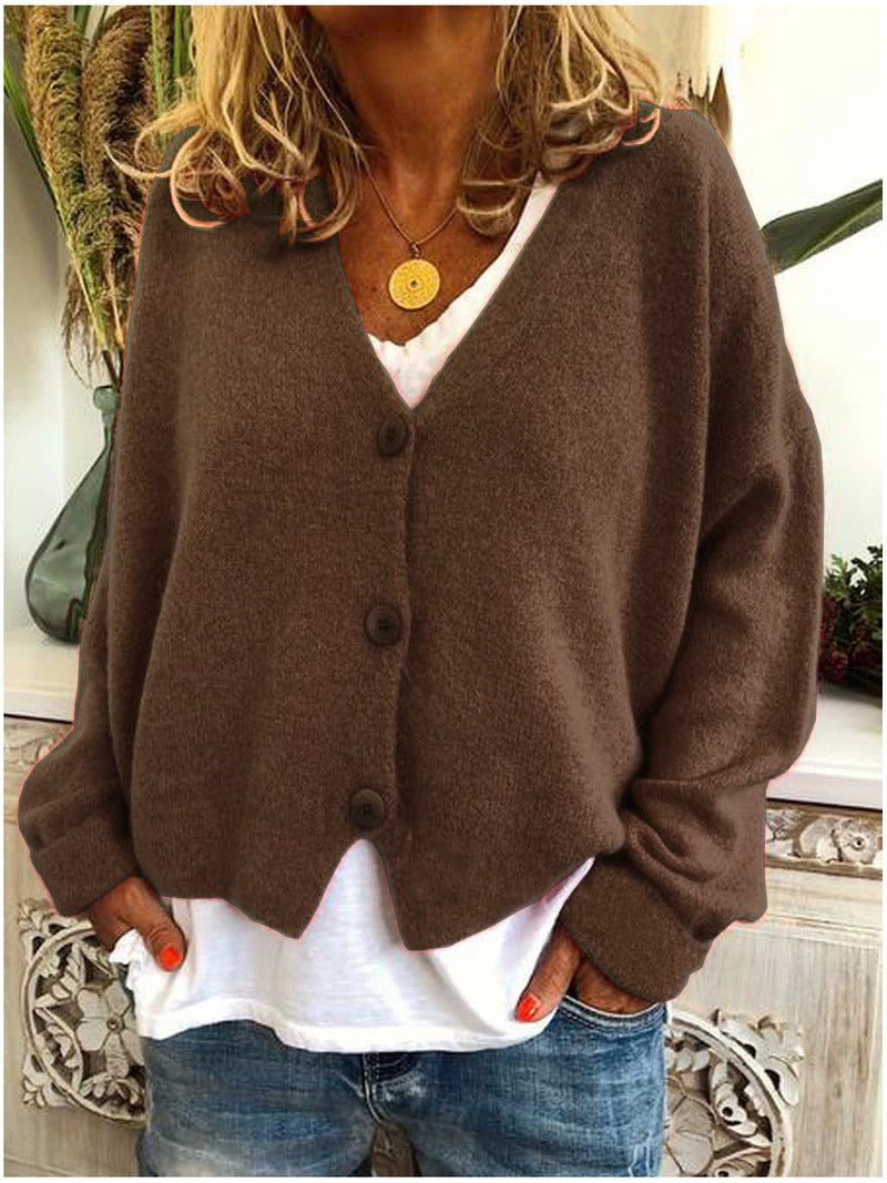 Women's short boxy V-neck cardigan with three large buttons - brown