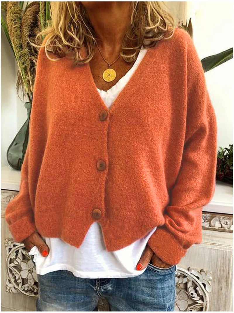 Women's short boxy V-neck cardigan with three large buttons - orange