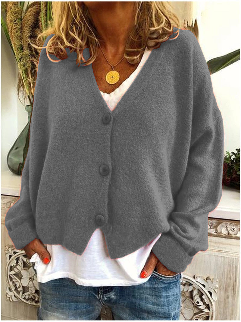 Women's short boxy V-neck cardigan with three large buttons - grey