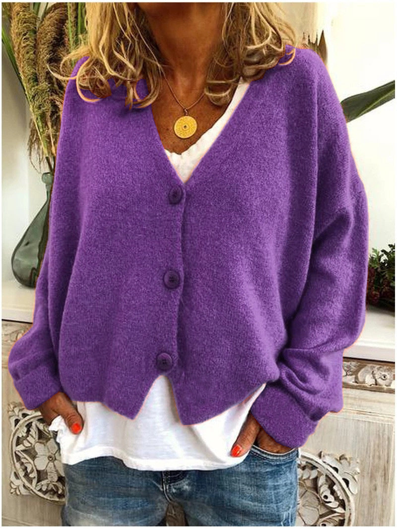 Women's short boxy V-neck cardigan with three large buttons - purple