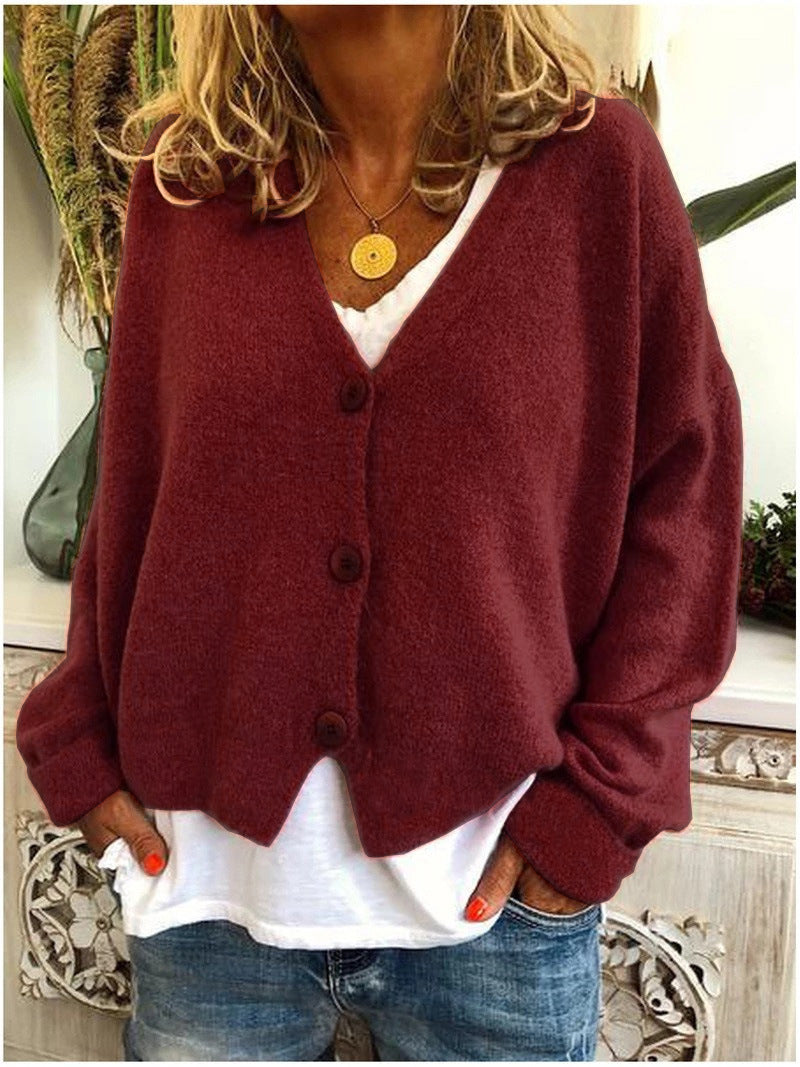 Women's short boxy V-neck cardigan with three large buttons - burgundy