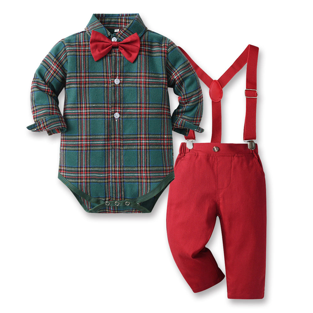 Boys' Christmas outfit with a shirt, bow tie and trousers with braces - green tartan bodysuit with red trousers