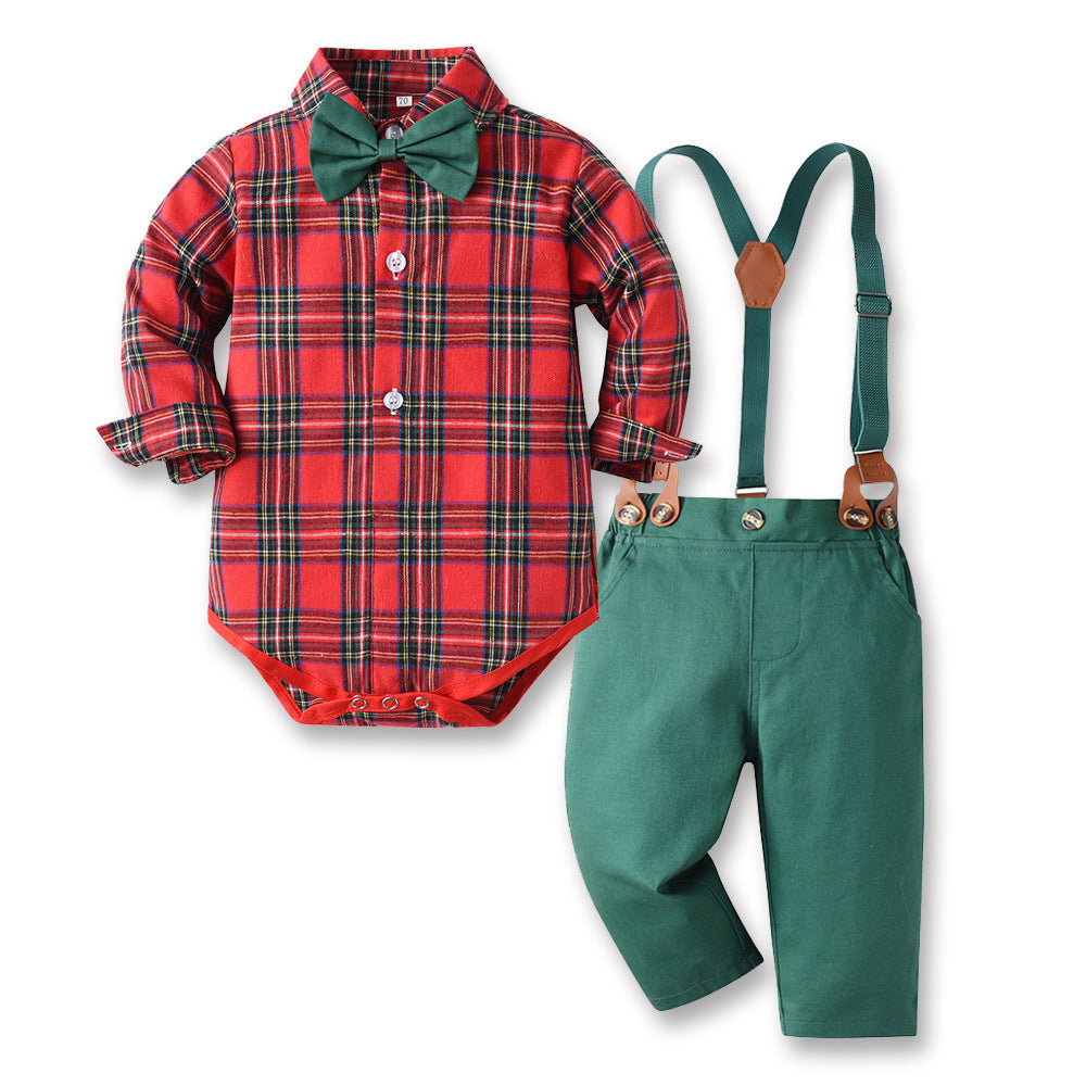 Boys' Christmas outfit with a shirt, bow tie and trousers with braces - red tartan bodysuit with green trousers