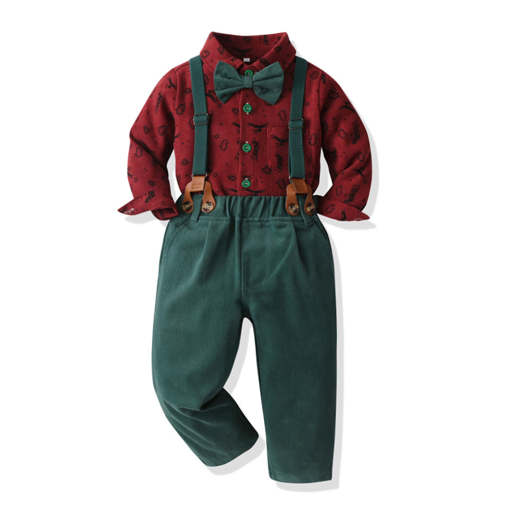 Boys' Christmas outfit with a shirt, bow tie and trousers with braces - burgundy with green trousers