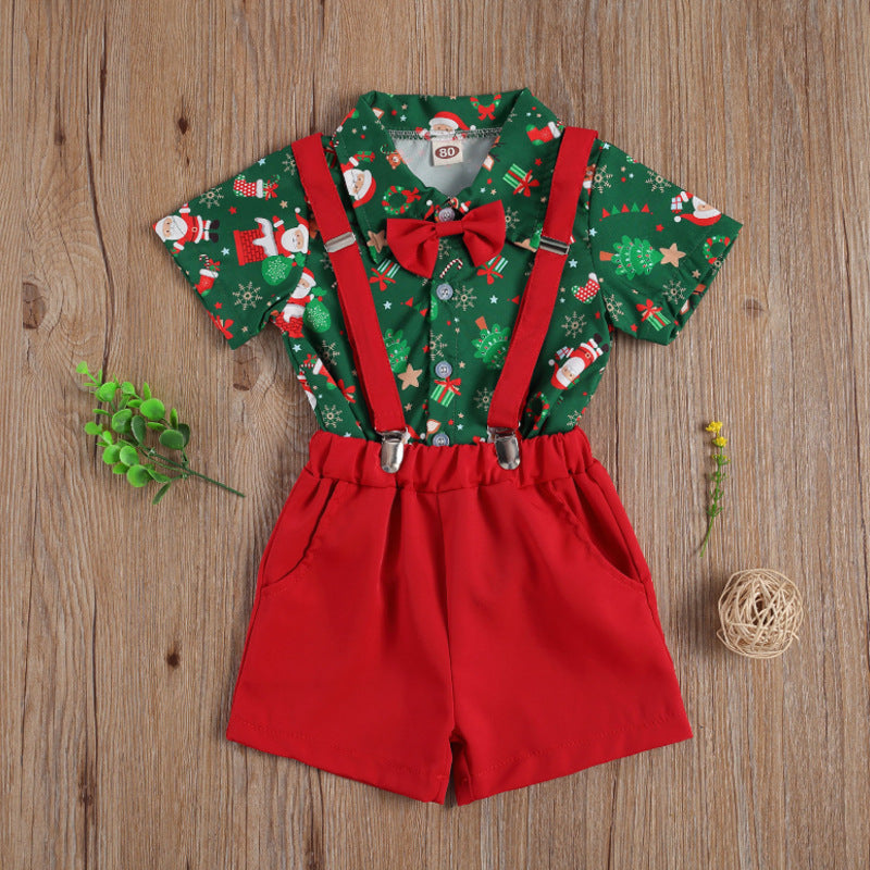 Boys' Christmas set with green printed shirt, red shorts, braces and bow tie