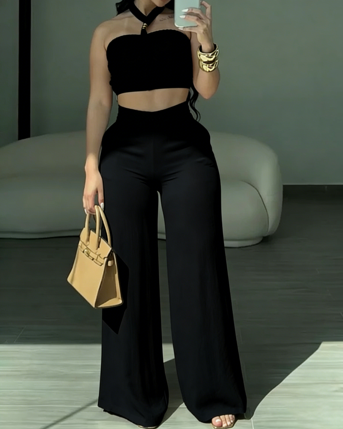 Two-piece set with a braided halter crop top and high-waisted wide-leg trousers - black