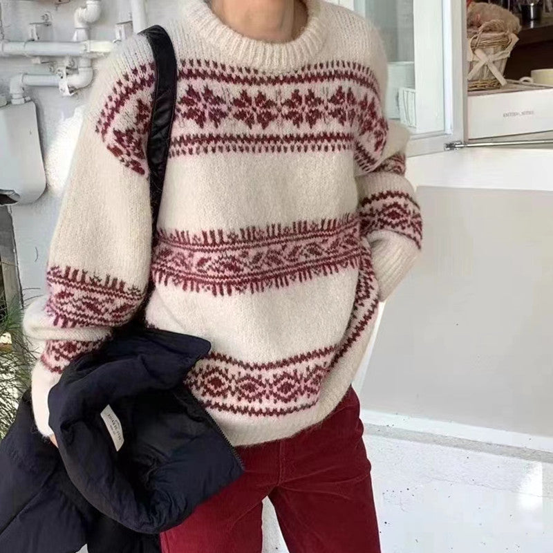 Women's brushed-knit Christmas jumper with wide Fair Isle snowflake bands - cream with red fair isle