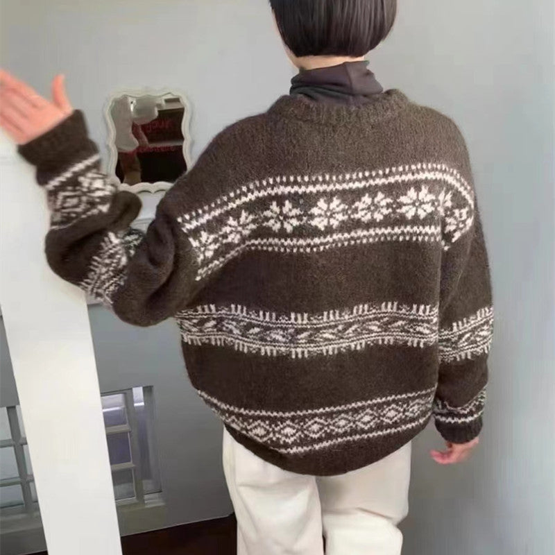 Women's brushed-knit Christmas jumper with wide Fair Isle snowflake bands - dark brown with white fair isle