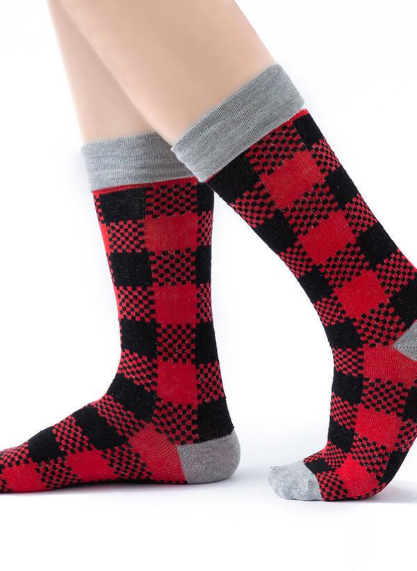 Tall buffalo check Christmas socks with a wide turned-down cuff - red and black check