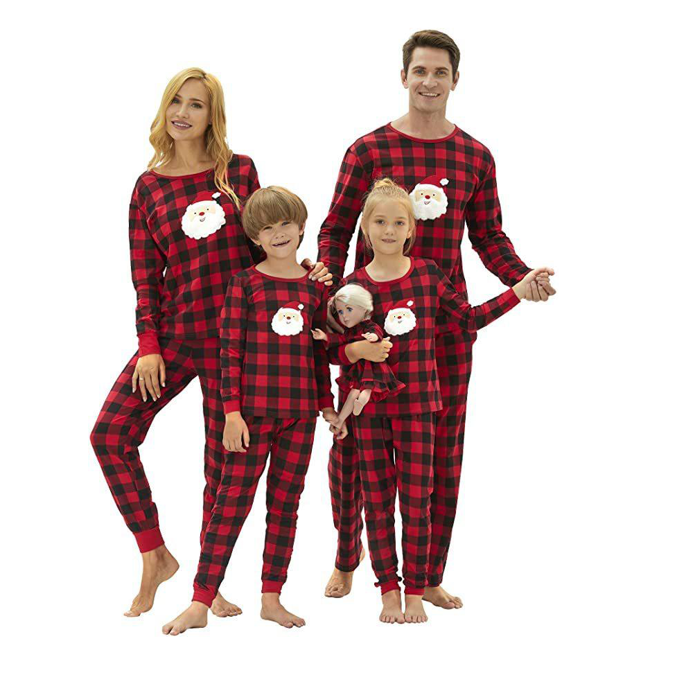 Red and black check family Christmas pyjamas with a Father Christmas face