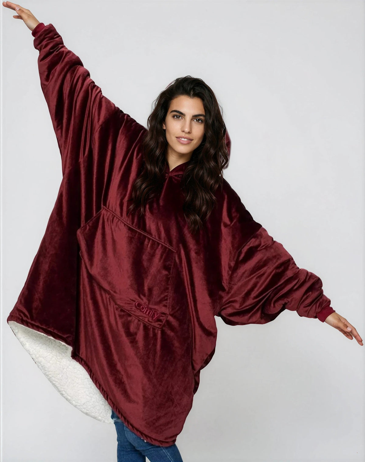 Oversized burgundy blanket hoodie with a cream sherpa lined hood
