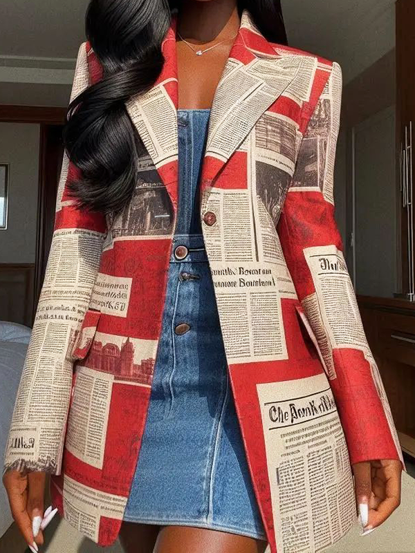 Blazer printed with newsprint columns in red and cream in red and cream