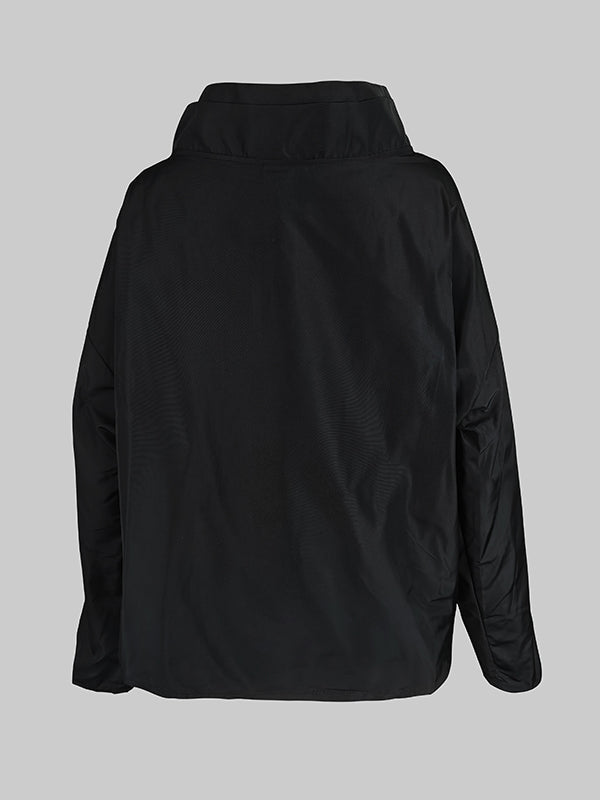 Draped jacket with an asymmetric fold-over front and stand collar