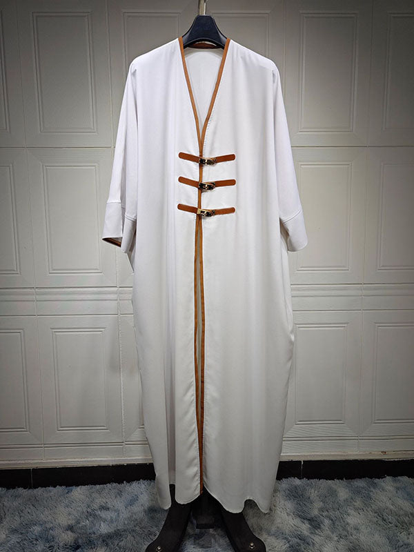 Floor-length open abaya with a contrast facing and gold-tone clasps
