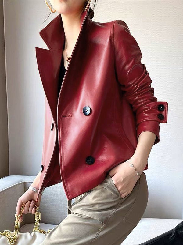 Faux leather jacket with an oversized lapel collar in red