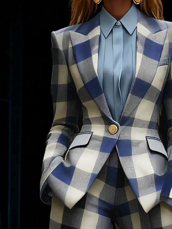 Blue and cream checked blazer with a notched collar and flap pockets