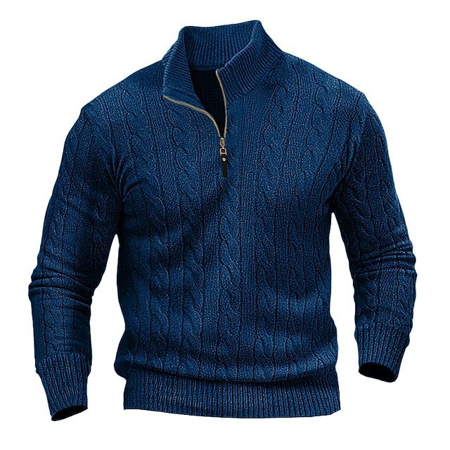 Men's cable knit zip jumper in Petrol Blue