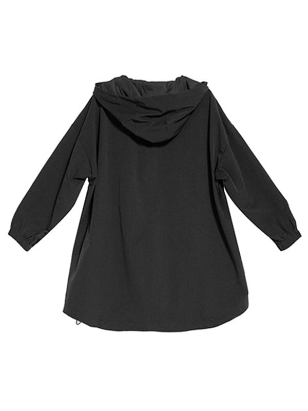 Oversized black hooded jacket with an off-centre zip and drawstring hem