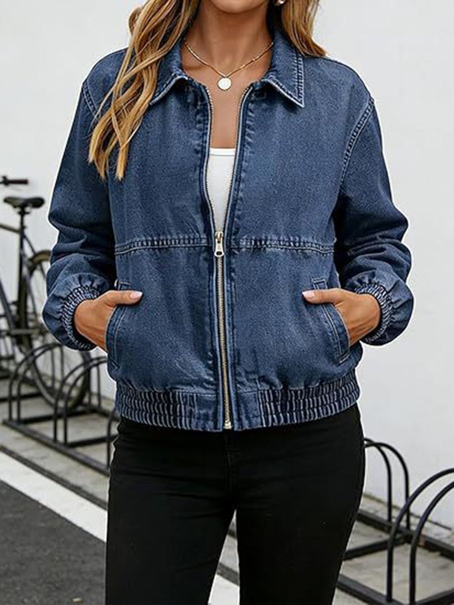 Denim bomber jacket with a zip front and elasticated hem