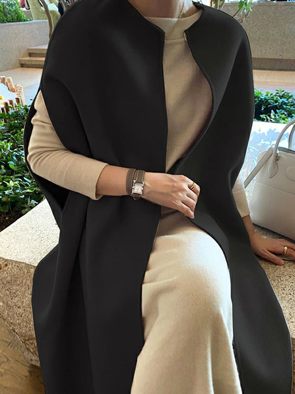 Sleeveless wool-blend cape with a round neck and a curved hem in black