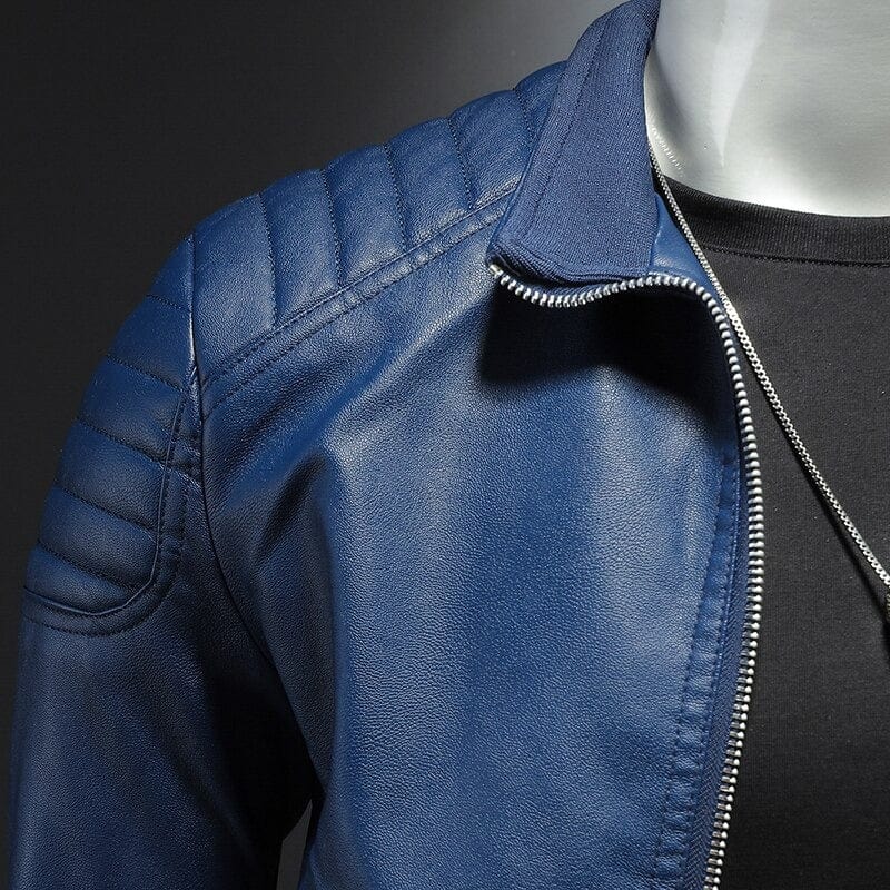 Men's Ribbed Shoulder Open Collar Leather Jacket – Saint Dor UK – angle view