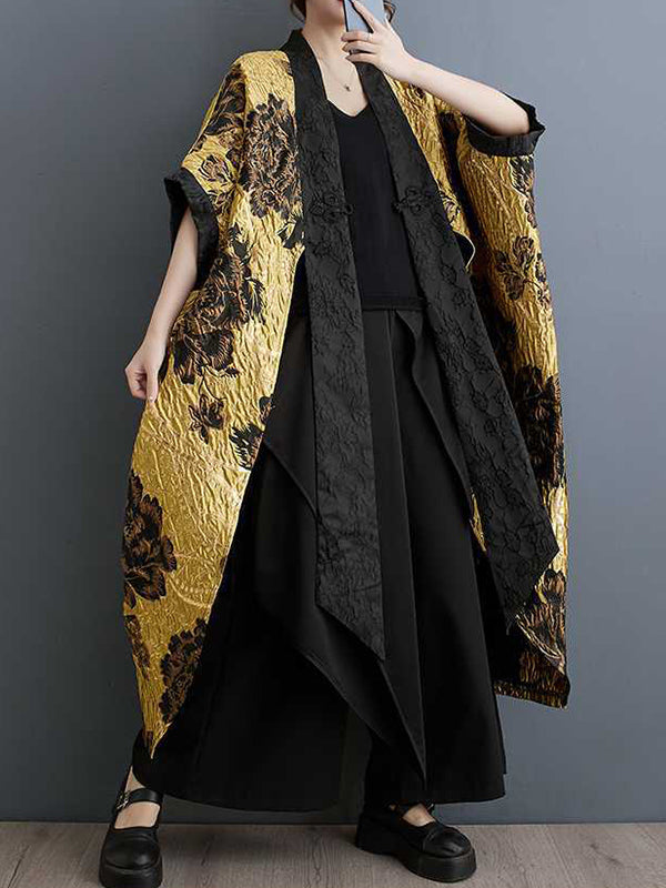 Gold brocade jacket with raised black flowers and batwing sleeves