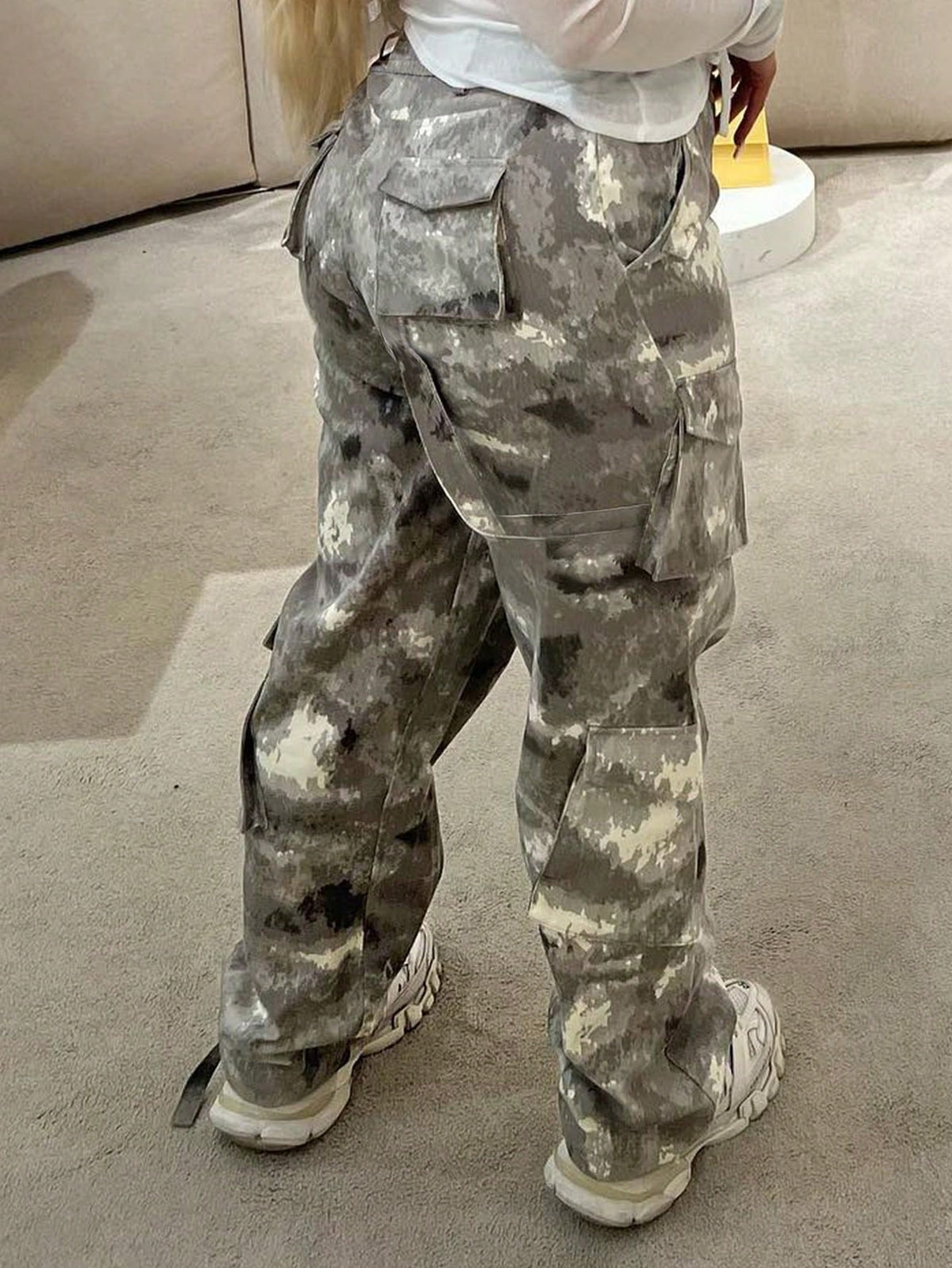Camo cargo trousers for women with flap pockets on both legs and a long straight leg - view 2