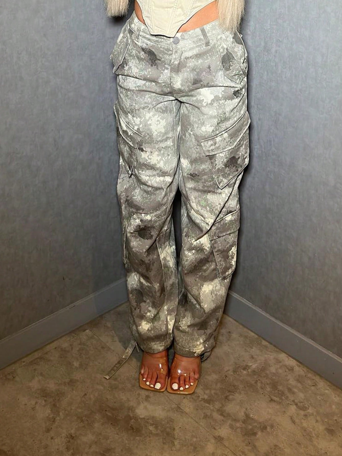 Camo cargo trousers for women with flap pockets on both legs and a long straight leg - view 3