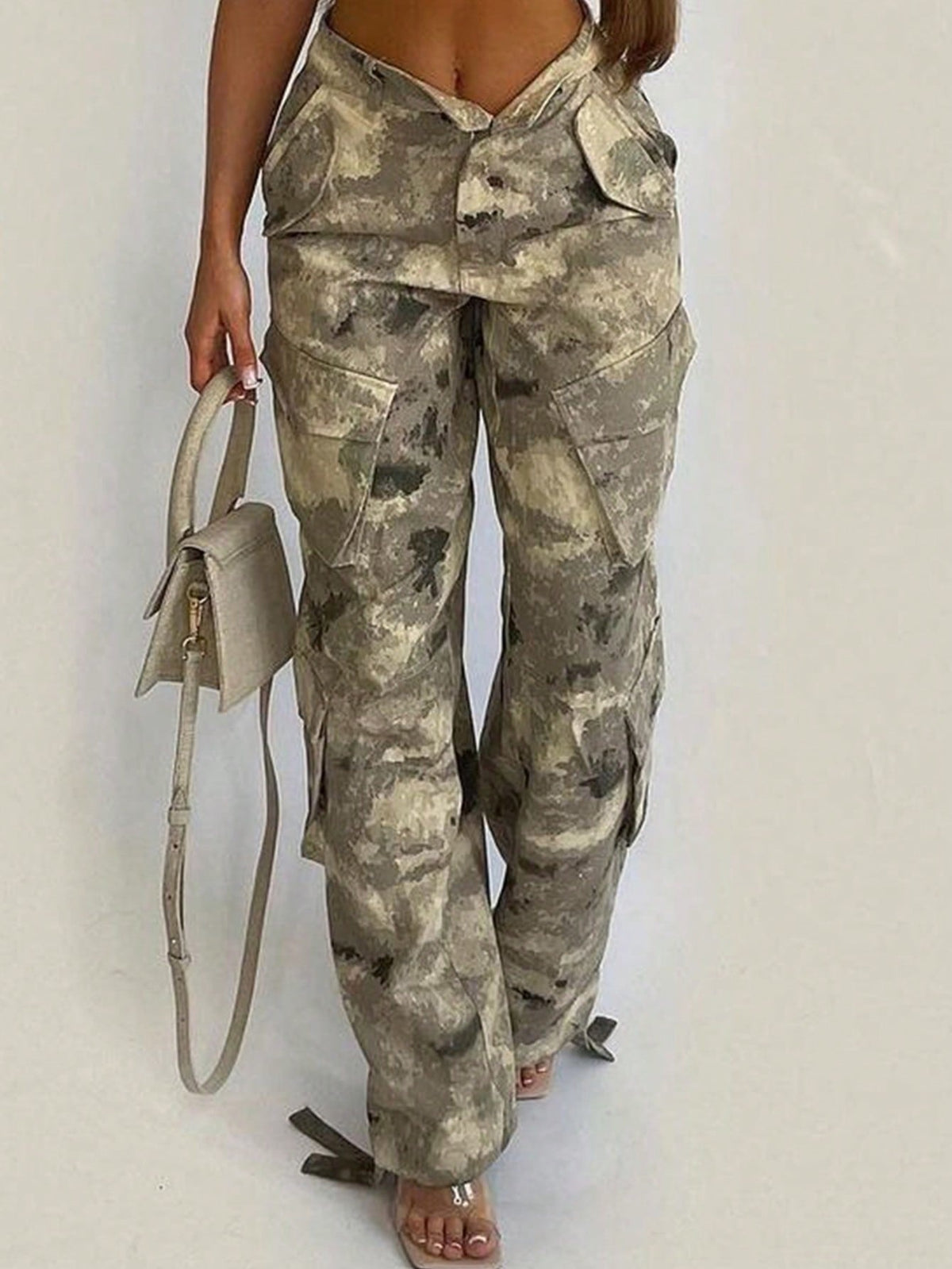 Camo cargo trousers for women with flap pockets on both legs and a long straight leg - view 4