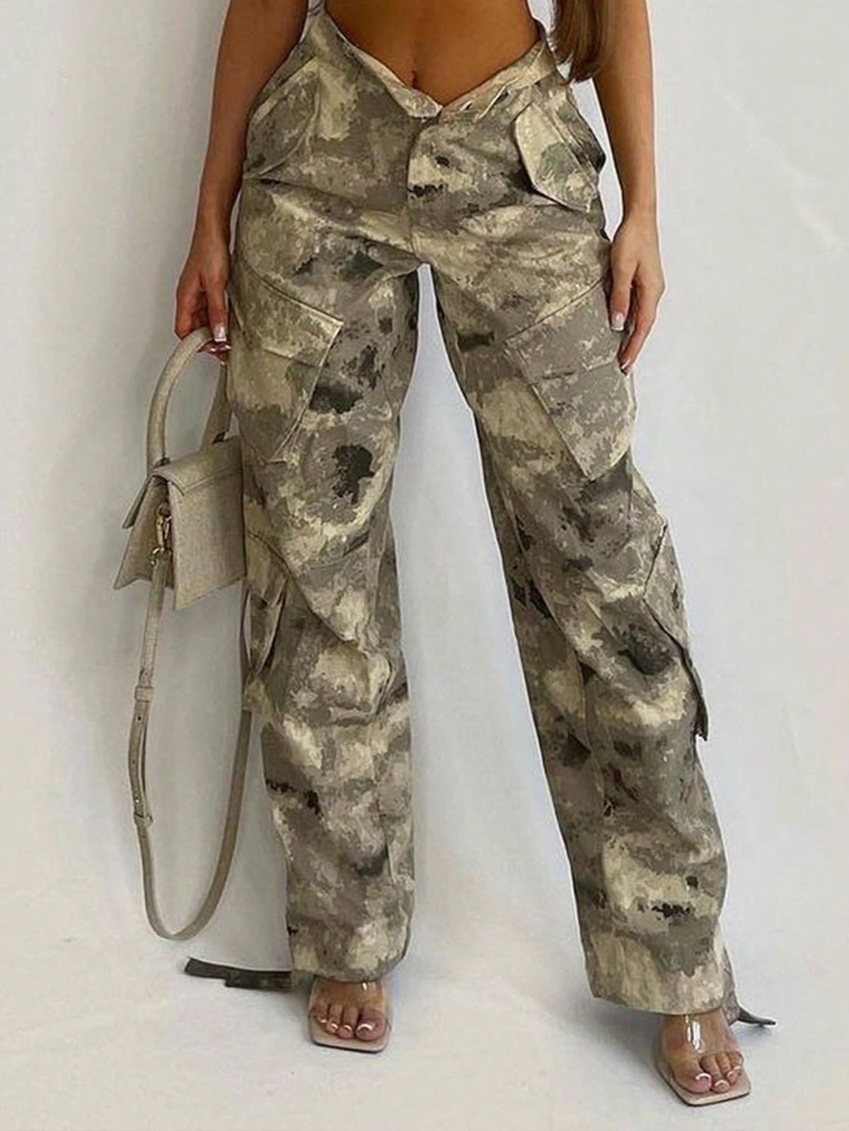 Camo cargo trousers for women with flap pockets on both legs and a long straight leg - view 5