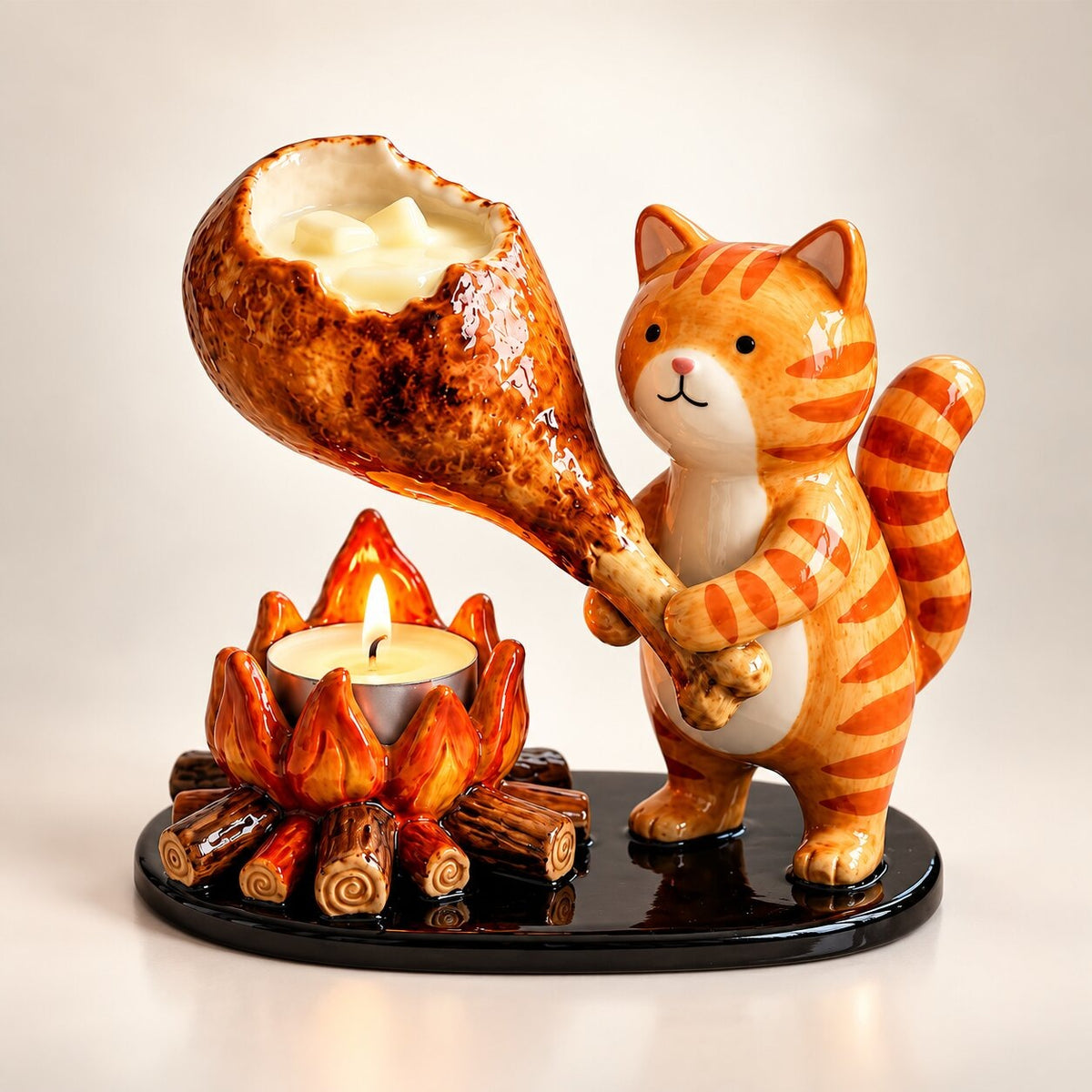 Tea light holder with an animal roasting a treat over a little campfire - cat