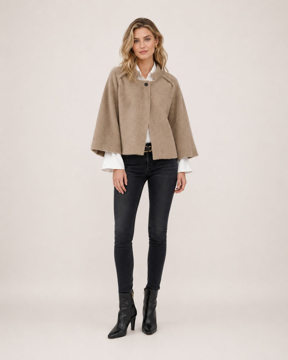Women's cropped cape jacket with a stand collar and wide sleeves