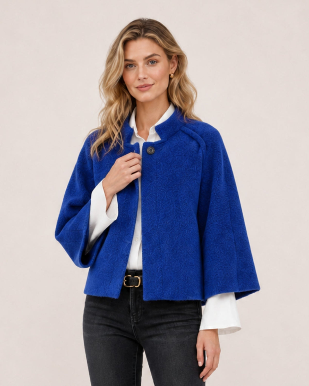 Women's cropped cape jacket with a stand collar and wide sleeves - cobalt blue