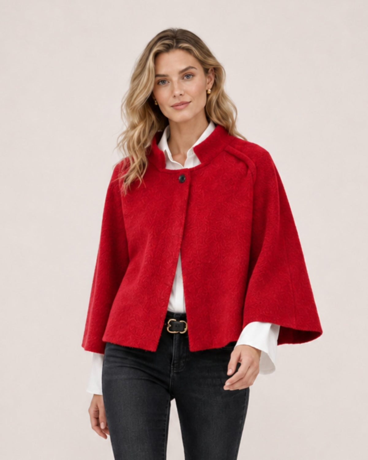Women's cropped cape jacket with a stand collar and wide sleeves - red