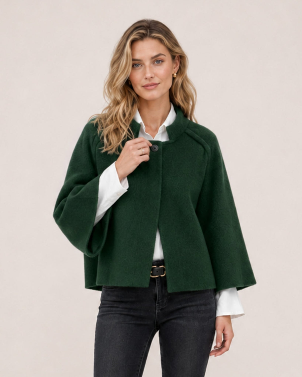 Women's cropped cape jacket with a stand collar and wide sleeves - dark green