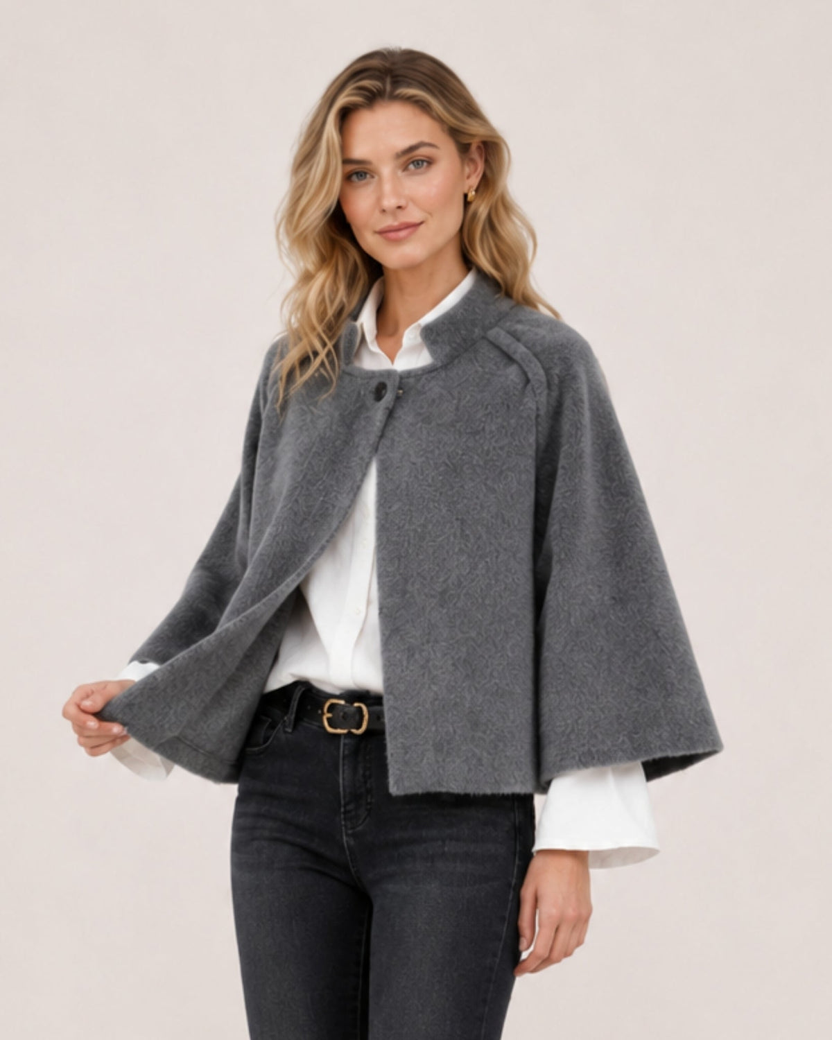 Women's cropped cape jacket with a stand collar and wide sleeves - grey