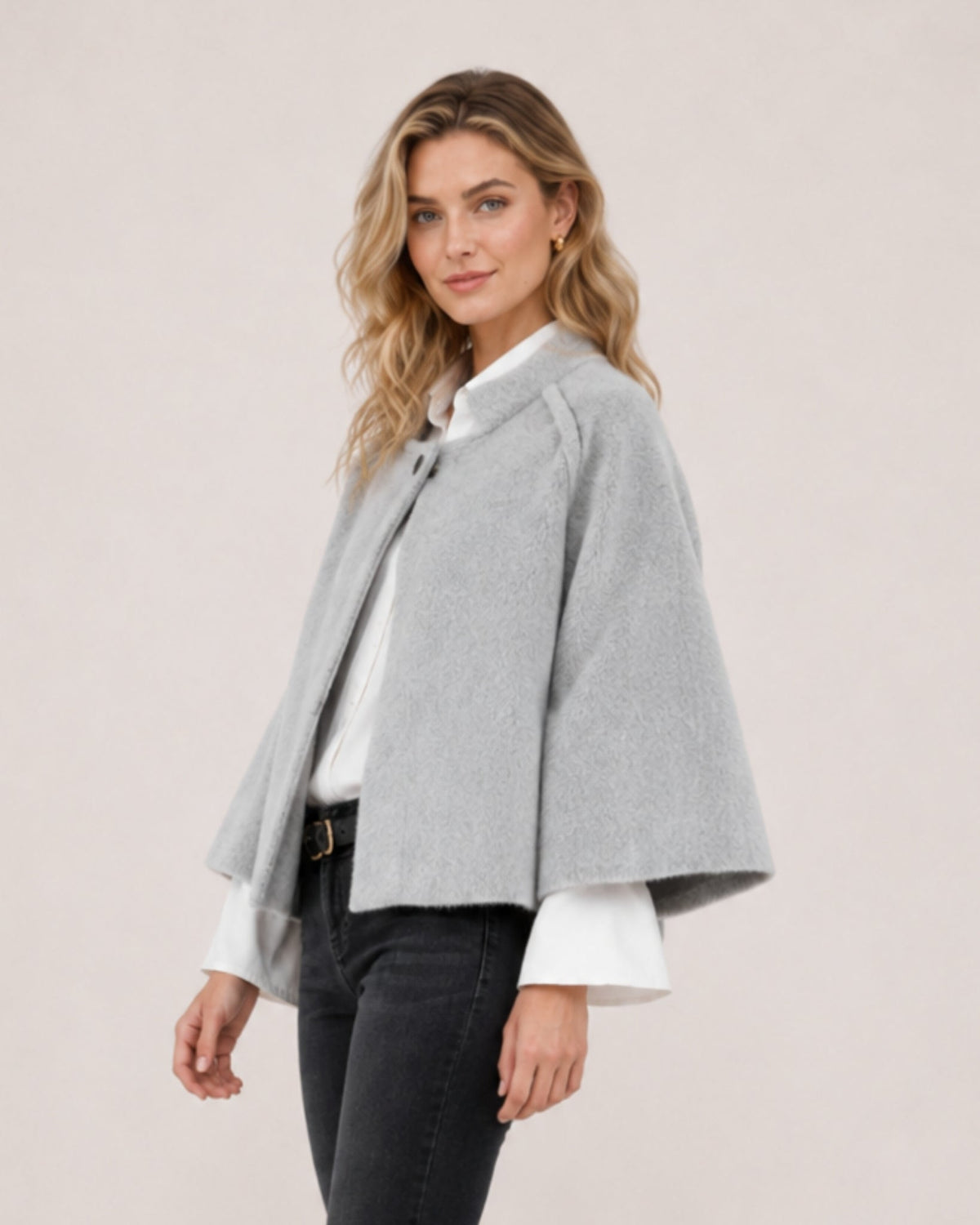 Women's cropped cape jacket with a stand collar and wide sleeves - light grey