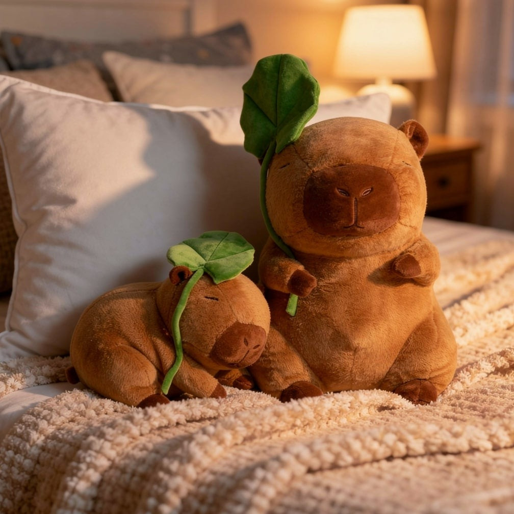 Capybara soft toy with a green leaf on its head - view 4