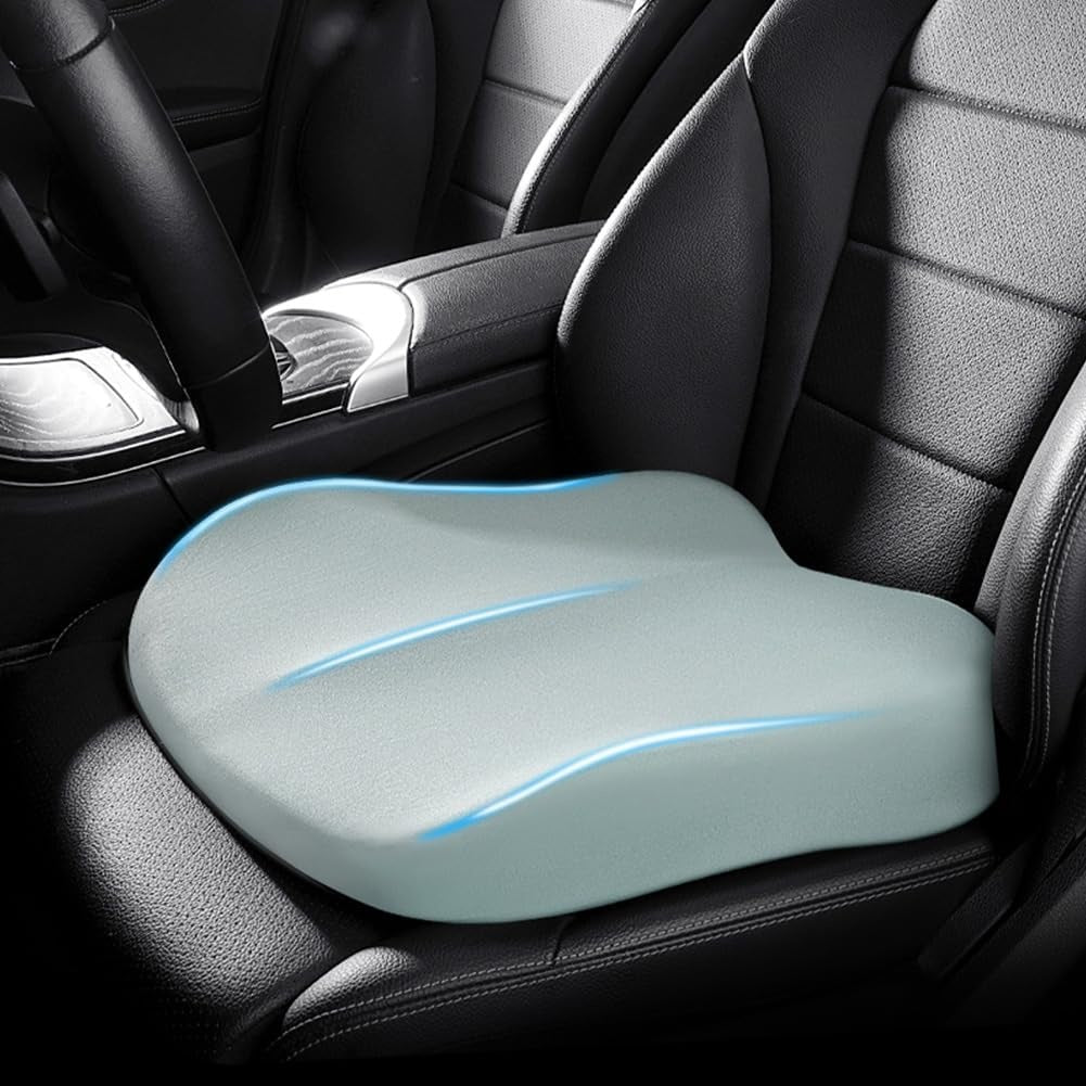 Memory foam car seat cushion with a height boost on a car seat - light blue
